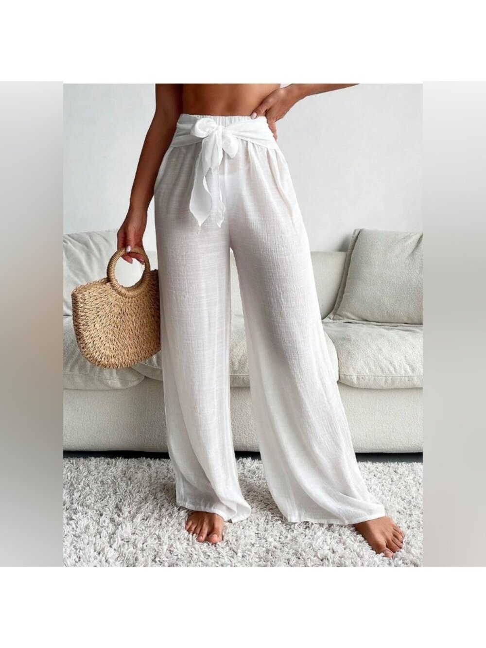 Tie Front Wide Leg  Beach Cover Up Pants White*
